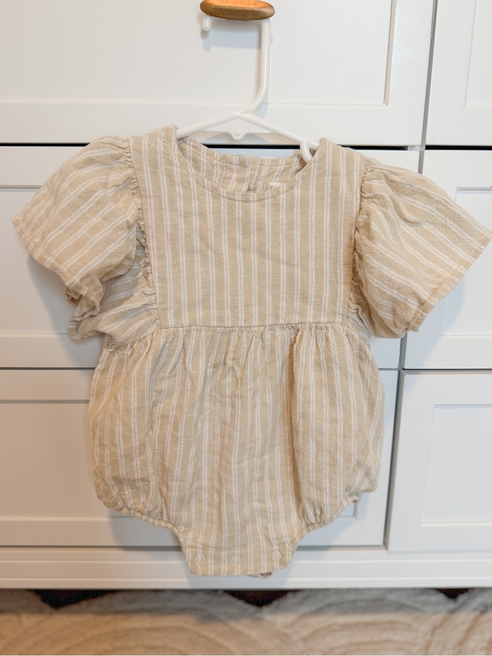 Rylee & Cru Beige Striped Baby Bubble with Puff Sleeves